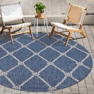 HomeRoots 6' Navy Blue and White Checkered Round Rug – Durable, Stain-Resistant, Coastal Charm for Any Home 712744