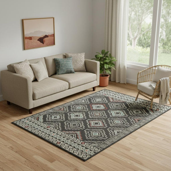 HomeRoots 8' X 10' Black and Beige Geometric Area Rug - Modern Durable Design for High-Traffic Spaces & Style 712748