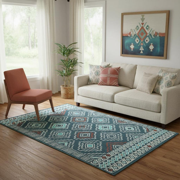 HomeRoots 8' X 10' Blue and Ivory Geometric Area Rug - Durable, Stain-Resistant Design for Family-Friendly Spaces 712750