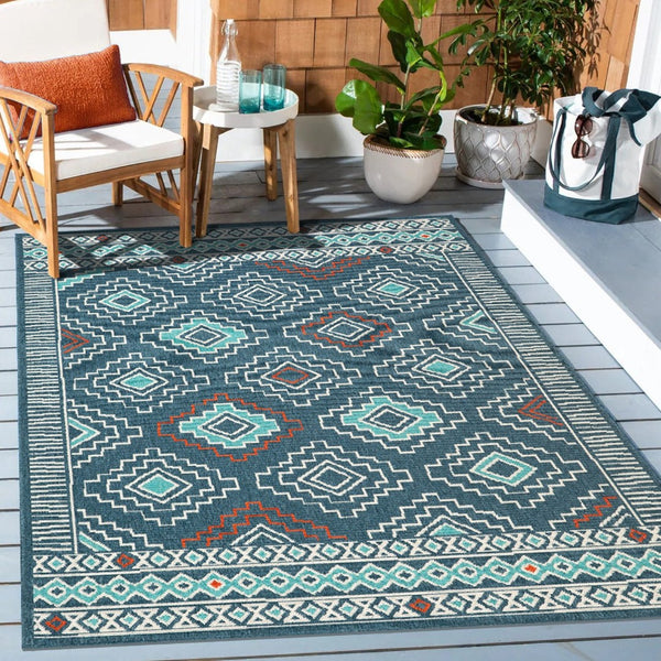HomeRoots 8' X 10' Blue and Ivory Geometric Area Rug - Durable, Stain-Resistant Design for Family-Friendly Spaces 712750