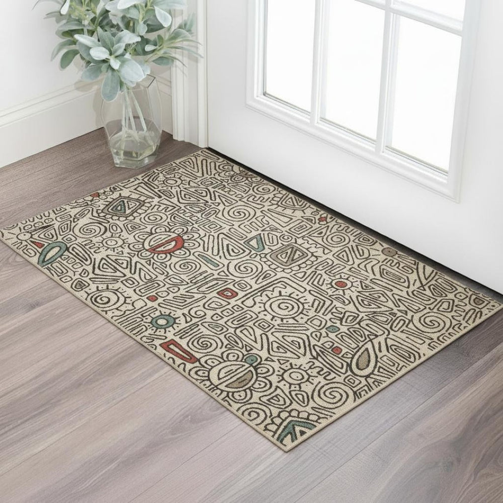 HomeRoots 5' X 7' Beige and Black Abstract Area Rug - Stylish, Stain-Resistant, Modern Bohemian Design for Home Decor 712752