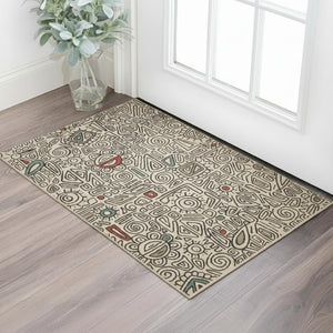 HomeRoots 5' X 7' Beige and Black Abstract Area Rug - Stylish, Stain-Resistant, Modern Bohemian Design for Home Decor 712752