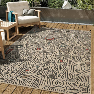 HomeRoots 8' X 10' Beige and Black Abstract Area Rug - Modern Bohemian Design for High-Traffic Spaces & Homes 712753