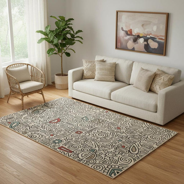 HomeRoots 8' X 10' Beige and Black Abstract Area Rug - Modern Bohemian Design for High-Traffic Spaces & Homes 712753