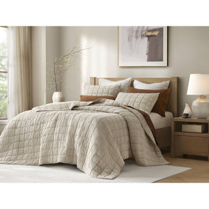 English Elm 3-piece French Linen Quilt Set Garment Washed Breathable Box Stitched Bedding Linen B035P408297