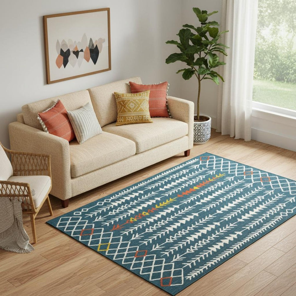 HomeRoots 8' X 10' Geometric Blue and Ivory Area Rug - Modern, Stain-Resistant, Family-Friendly Design for Homes 712762