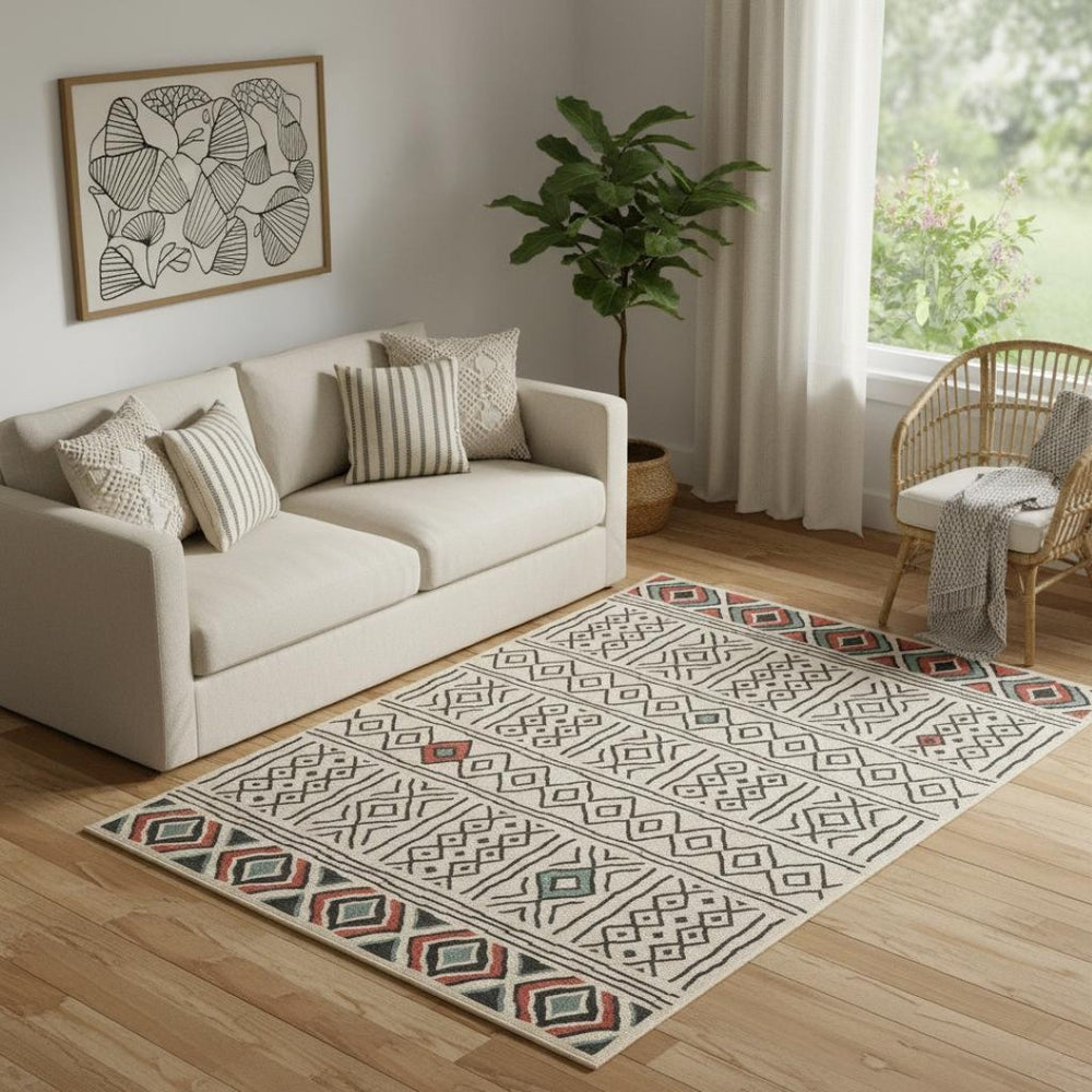 HomeRoots 8' X 10' Beige and Black Geometric Area Rug – Durable, Stain-Resistant, Modern Bohemian Style for Any Room 712765