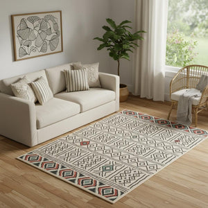 HomeRoots 8' X 10' Beige and Black Geometric Area Rug – Durable, Stain-Resistant, Modern Bohemian Style for Any Room 712765