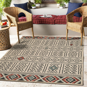 HomeRoots 8' X 10' Beige and Black Geometric Area Rug – Durable, Stain-Resistant, Modern Bohemian Style for Any Room 712765