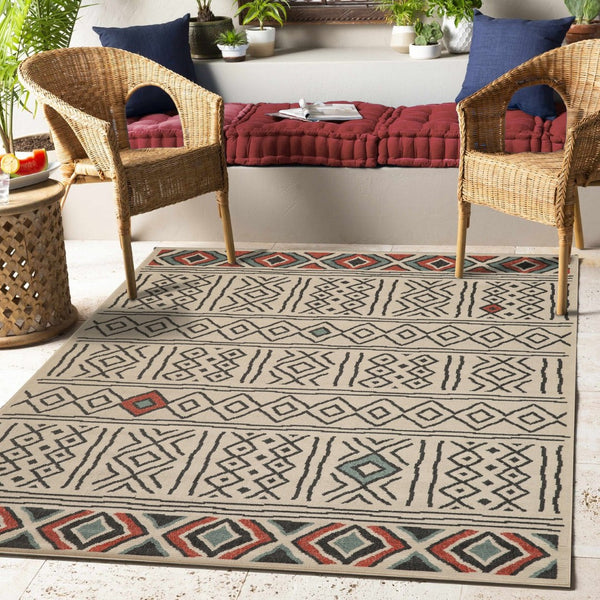 HomeRoots 8' X 10' Beige and Black Geometric Area Rug – Durable, Stain-Resistant, Modern Bohemian Style for Any Room 712765