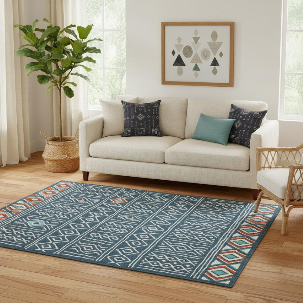 HomeRoots 8' X 10' Blue and Ivory Geometric Area Rug - Durable, Stain-Resistant Design for Modern Homes 712768