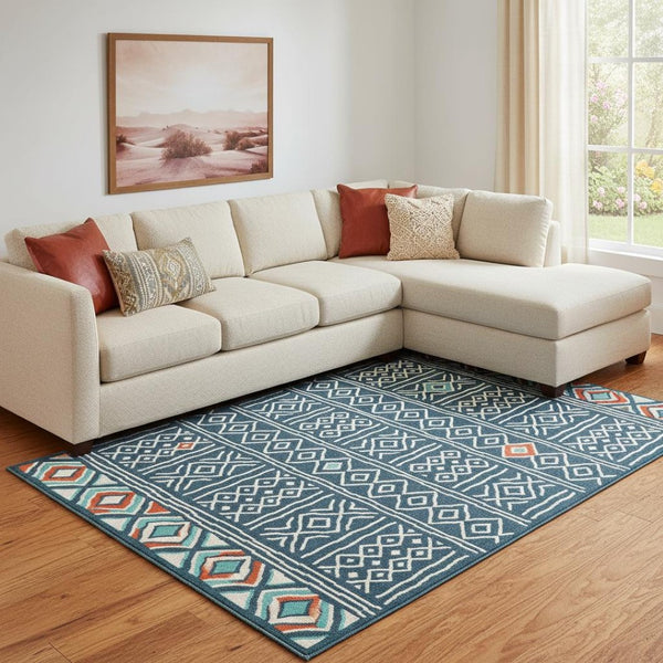 HomeRoots 8' Coastal-Modern Aqua and Beige Coral Round Rug - Durable, Stain-Resistant, Easy-Care Design for Homes 712769