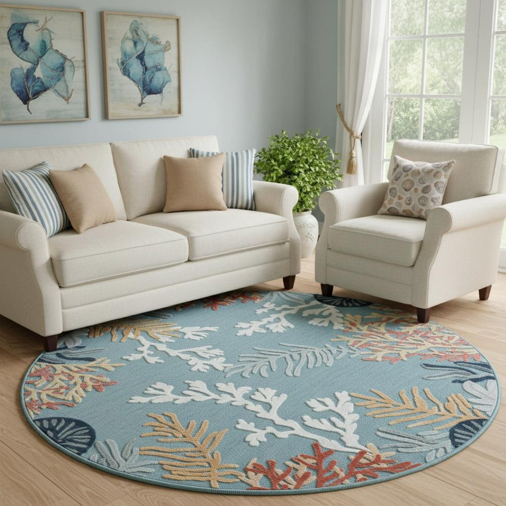 HomeRoots 8' X 10' Beige and Blue Coral Area Rug - Coastal Charm with Stain-Resistant Durability for Family Spaces 712771