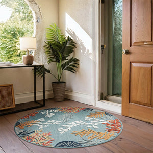 HomeRoots 8' X 10' Beige and Blue Coral Area Rug - Coastal Charm with Stain-Resistant Durability for Family Spaces 712771