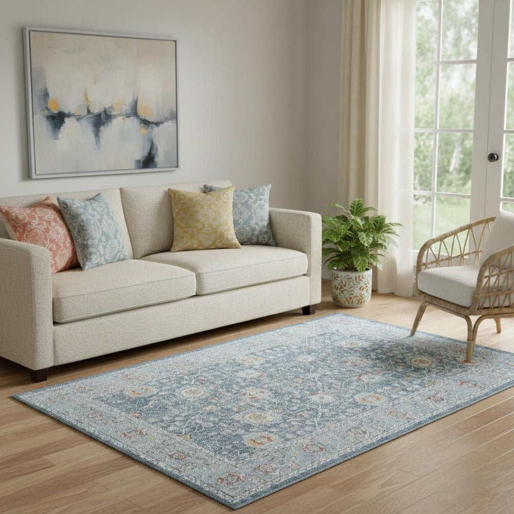 HomeRoots 7' Blue and Sky Blue Floral Distressed Area Rug – Vintage-Inspired, Durable, Soft & Stain-Resistant! 712789