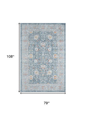 HomeRoots 9' X 12' Blue Floral Distressed Area Rug - Durable, Soft, Stain-Resistant, Bohemian Charm for Homes 712790