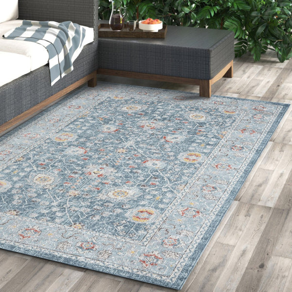 HomeRoots 9' X 12' Blue Floral Distressed Area Rug - Durable, Soft, Stain-Resistant, Bohemian Charm for Homes 712790
