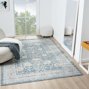 HomeRoots 9' X 12' Blue Floral Distressed Area Rug - Durable, Soft, Stain-Resistant, Bohemian Charm for Homes 712790