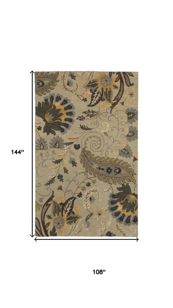 HomeRoots 9' X 12' Hand-Tufted Wool Area Rug in Gray & Slate Gray with Elegant Floral Design for Comfort 712795