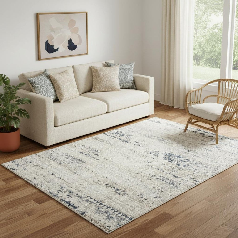 HomeRoots 8' X 10' Bohemian Blue & Sky Blue Tribal Distressed Area Rug - Washable, Durable, Pet-Friendly Home Decor 712799