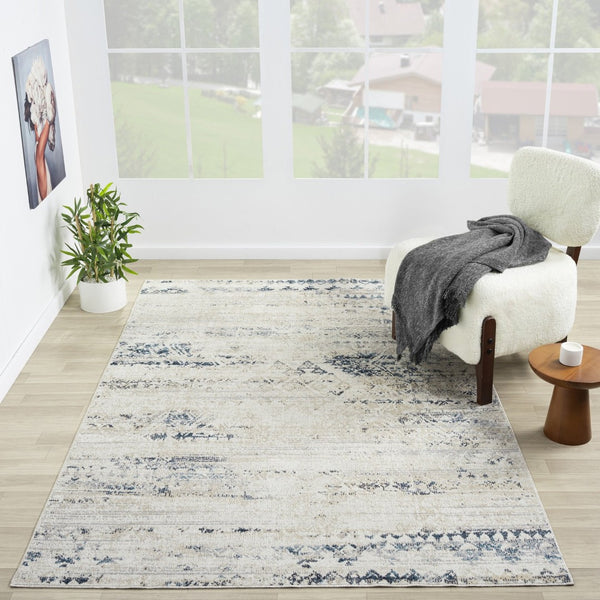 HomeRoots 8' X 10' Bohemian Blue & Sky Blue Tribal Distressed Area Rug - Washable, Durable, Pet-Friendly Home Decor 712799