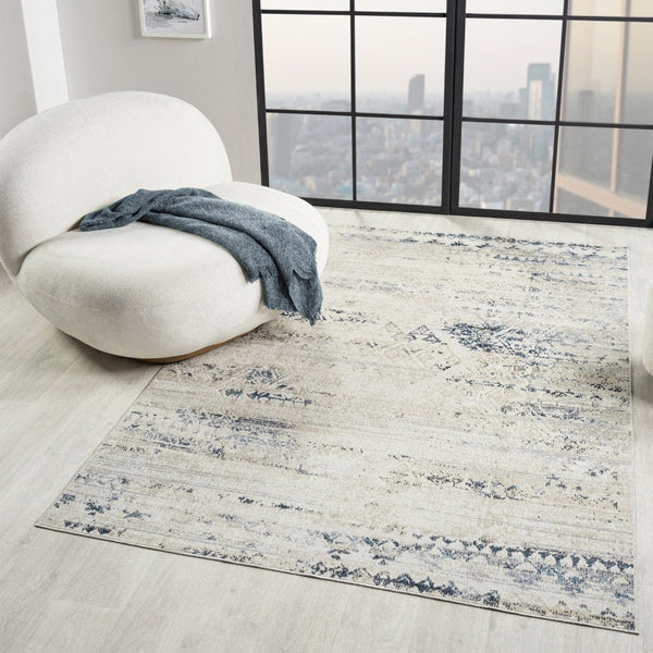 HomeRoots 8' X 10' Bohemian Blue & Sky Blue Tribal Distressed Area Rug - Washable, Durable, Pet-Friendly Home Decor 712799