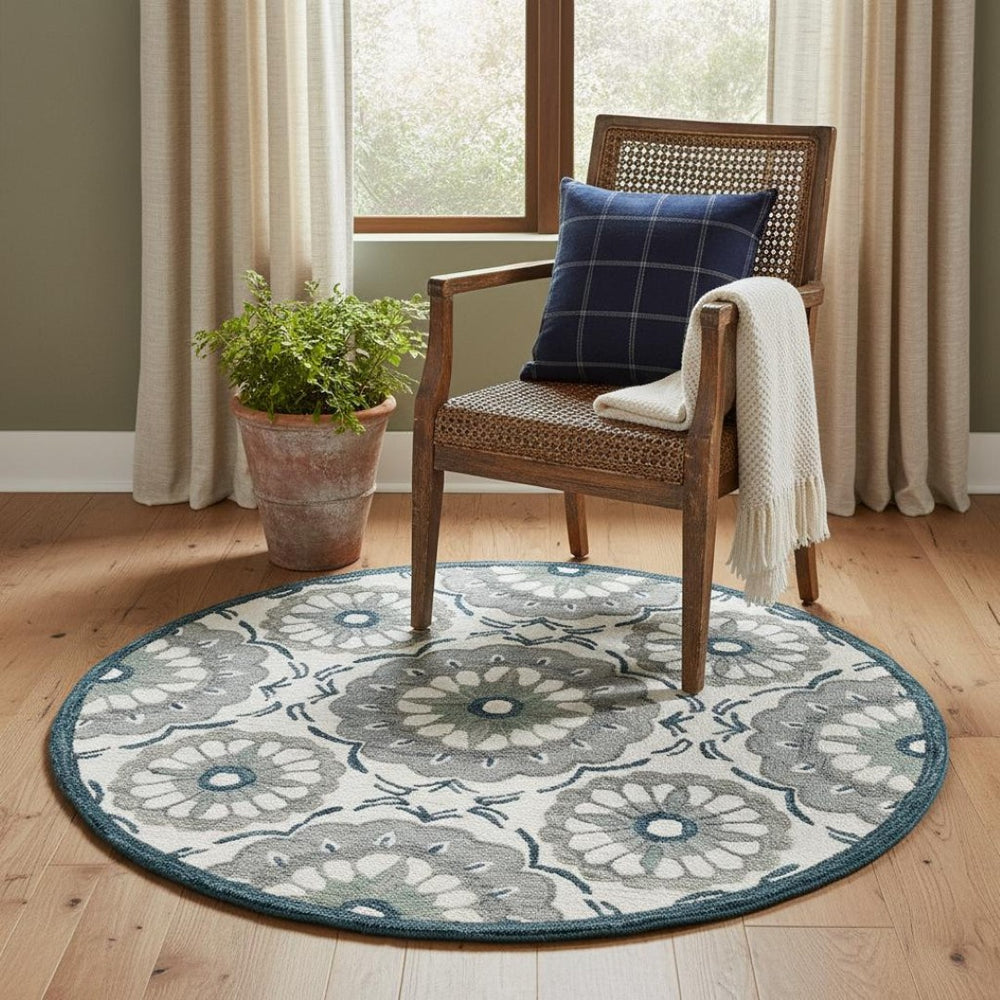 HomeRoots 7' Hand-Tufted Wool Runner Rug in Blue and Sky Blue Floral Design for Charming Hallways & Entryways 712808