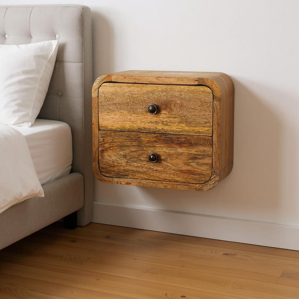 HomeRoots 18" Brown Solid Wood Floating Nightstand - Elegant & Space-Saving Bedside Storage with Curved Design 712838