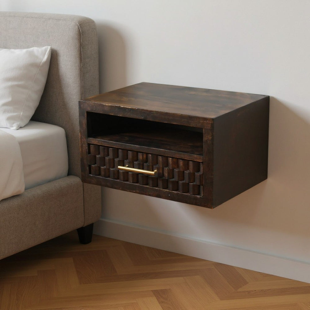 HomeRoots 18" Rustic Solid Mango Wood Floating Nightstand with Geometric Carving, Drawer & Versatile Shelf 712845