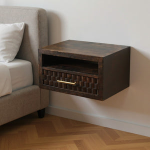 HomeRoots 18" Rustic Solid Mango Wood Floating Nightstand with Geometric Carving, Drawer & Versatile Shelf 712845