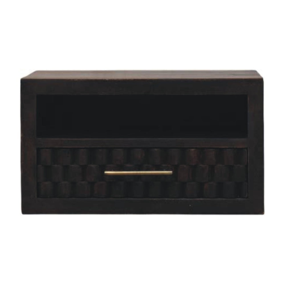 HomeRoots 18" Rustic Solid Mango Wood Floating Nightstand with Geometric Carving, Drawer & Versatile Shelf 712845