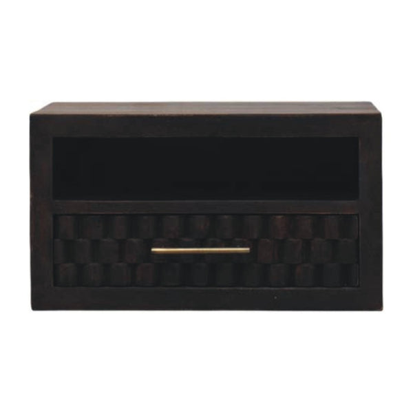 HomeRoots 18" Rustic Solid Mango Wood Floating Nightstand with Geometric Carving, Drawer & Versatile Shelf 712845