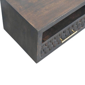 HomeRoots 18" Rustic Solid Mango Wood Floating Nightstand with Geometric Carving, Drawer & Versatile Shelf 712845