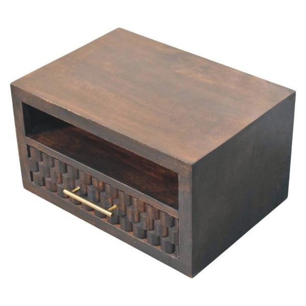 HomeRoots 18" Rustic Solid Mango Wood Floating Nightstand with Geometric Carving, Drawer & Versatile Shelf 712845