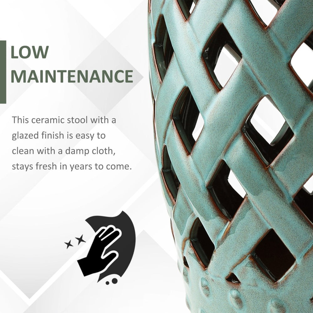 English Elm Outsunny 13" X 18" Antique Blue Ceramic Garden Stool With Woven Lattice - Stylish Multi-Functional Accent Table W2225P200889-GIGA