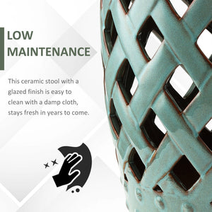 English Elm Outsunny 13" X 18" Antique Blue Ceramic Garden Stool With Woven Lattice - Stylish Multi-Functional Accent Table W2225P200889-GIGA