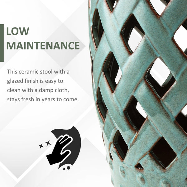 English Elm Outsunny 13" X 18" Antique Blue Ceramic Garden Stool With Woven Lattice - Stylish Multi-Functional Accent Table W2225P200889-GIGA