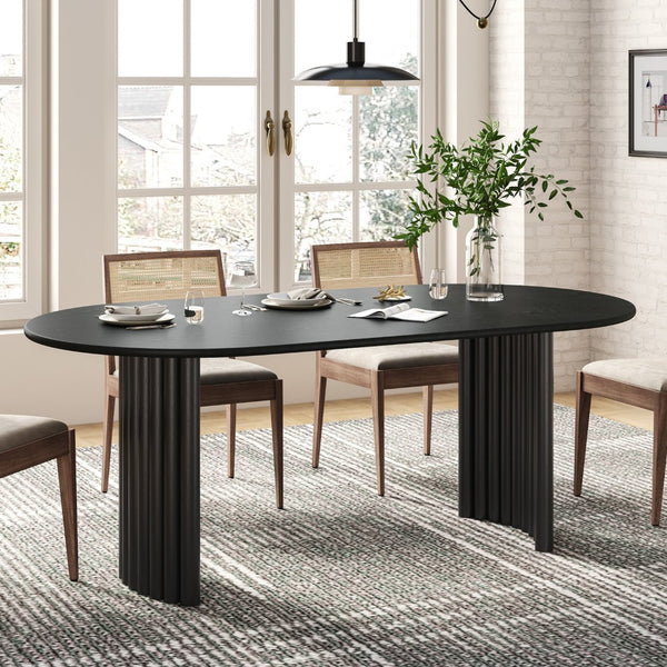 HomeRoots 66" Black Solid Wood Oval Dining Table with Double Pedestal Base - Timeless Elegance & Durability 712859