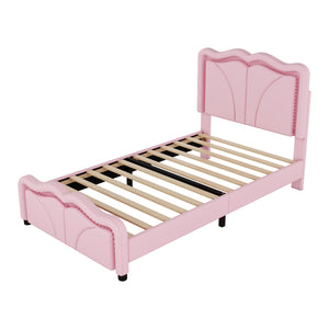 English Elm Twin Upholstered Platform Bed with Curved Headboard, Adjustable Heights, Sturdy Pine Frame, LED Accent Lights Pink WF323748AAH