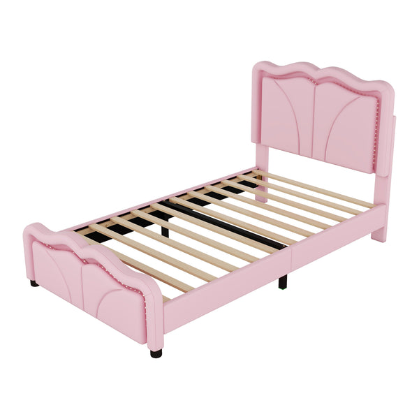 English Elm Twin Upholstered Platform Bed with Curved Headboard, Adjustable Heights, Sturdy Pine Frame, LED Accent Lights Pink WF323748AAH