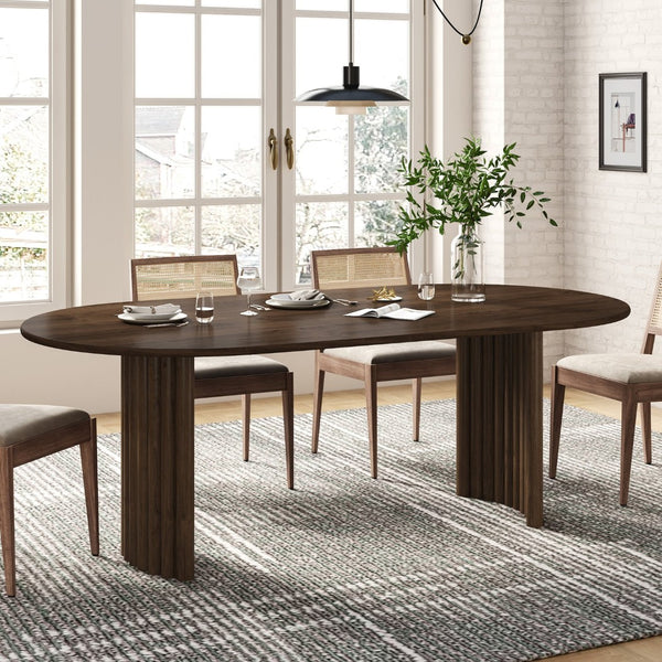 HomeRoots 66" Brown Solid Wood Oval Dining Table with Double Pedestal Base for Elegant Gatherings & Comfort 712863