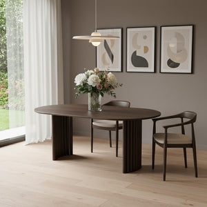 HomeRoots 66" Brown Solid Wood Oval Dining Table with Double Pedestal Base for Elegant Gatherings & Comfort 712863