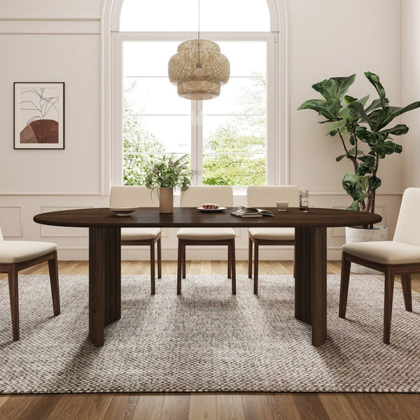 HomeRoots 66" Brown Solid Wood Oval Dining Table with Double Pedestal Base for Elegant Gatherings & Comfort 712863