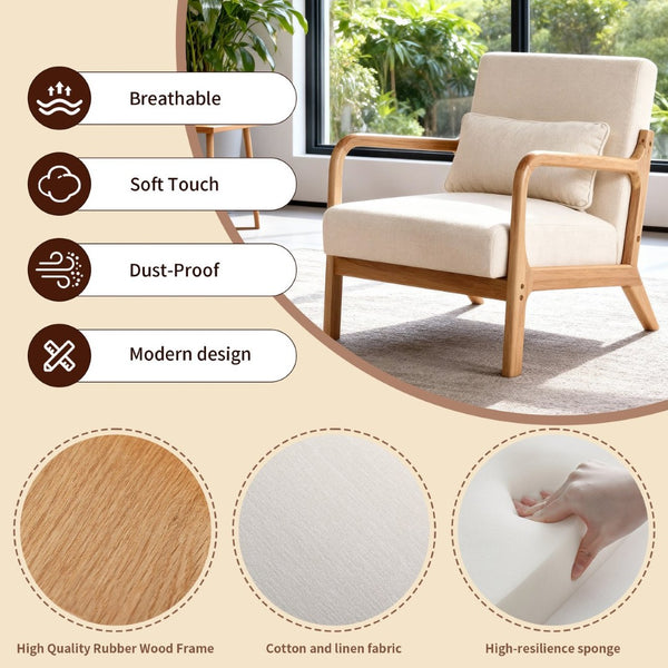 English Elm Mid Century Modern Accent Chair Solid Rubberwood Frame Lumbar Pillow Beige Living Room W2989P426363