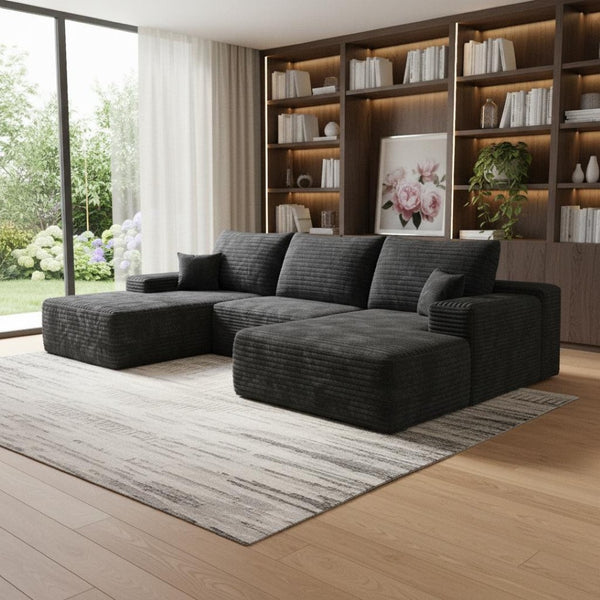 HomeRoots 135" Black Corduroy Modular Sofa Set with Ottoman, Pillows - Stylish Comfort for Modern Living Spaces 712945