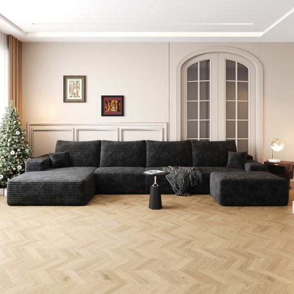 HomeRoots 135" Black Corduroy Modular Sofa Set with Ottoman, Pillows - Stylish Comfort for Modern Living Spaces 712945