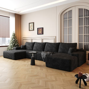 HomeRoots 135" Black Corduroy Modular Sofa Set with Ottoman, Pillows - Stylish Comfort for Modern Living Spaces 712945