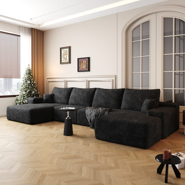 HomeRoots 135" Black Corduroy Modular Sofa Set with Ottoman, Pillows - Stylish Comfort for Modern Living Spaces 712945