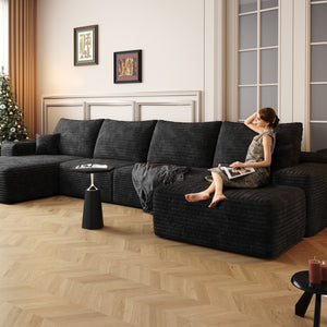 HomeRoots 135" Black Corduroy Modular Sofa Set with Ottoman, Pillows - Stylish Comfort for Modern Living Spaces 712945