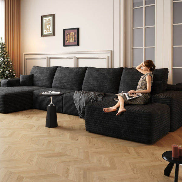 HomeRoots 135" Black Corduroy Modular Sofa Set with Ottoman, Pillows - Stylish Comfort for Modern Living Spaces 712945